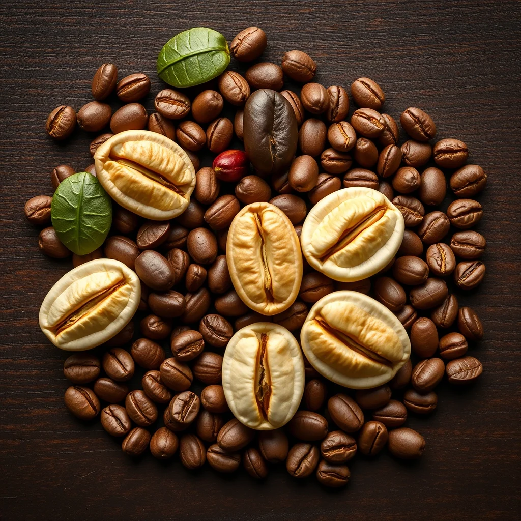 Rare exotic coffee beans flat lay